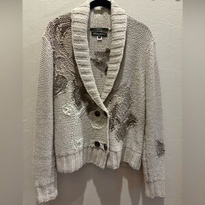 Eddie Bauer Alpaca Blend Hand Knit Cardigan - Cream and Brown Size L